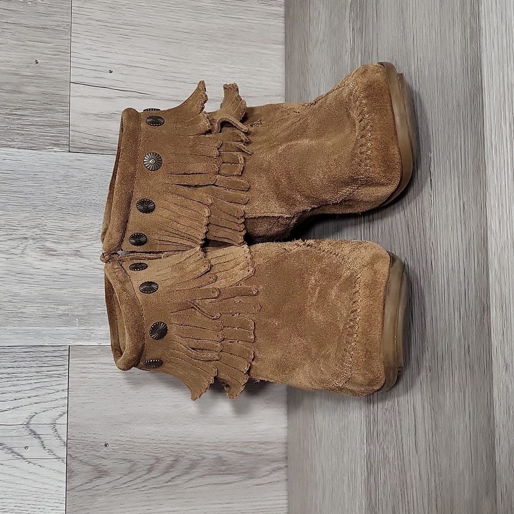 Minnetonka Womens 11 Double Fringe Suede Zip Boots Moccasin Style Southwestern - Picture 5 of 9